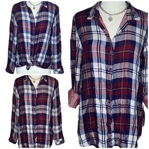 Anthropologie Cloth+Stone Burgundy Navy Plaid High Low Button Down Flannel Shirt